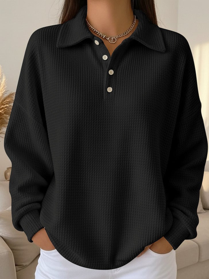Comfortable Waffle Knit Polo Sweater for Women with Collared Long Sleeve Button Front Oversized Style