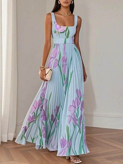 Elegant Floral Maxi Dress for Women with Square Neck Sleeveless Pleated Belted Flowing Style