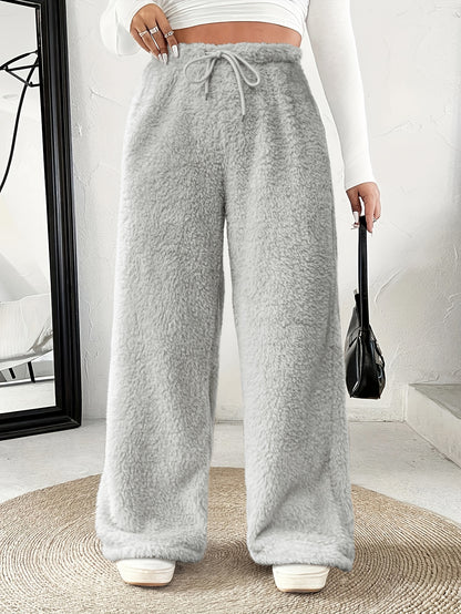 Comfortable Fuzzy Fleece Wide Leg Pants for Women with High Waist Drawstring Relaxed Casual Style