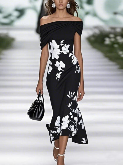 Elegant Floral Midi Dress for Women with Off Shoulder Short Sleeve Ruched Mermaid Hem Style