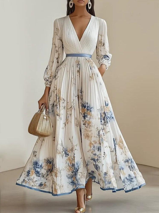 Elegant White Floral Maxi Dress for Women with V Neck Bishop Sleeve Pleated Belted Flowing Style