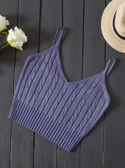 Effortless Cable Knit Tank for Women with V Neck Sleeveless Cropped Ribbed Casual Style