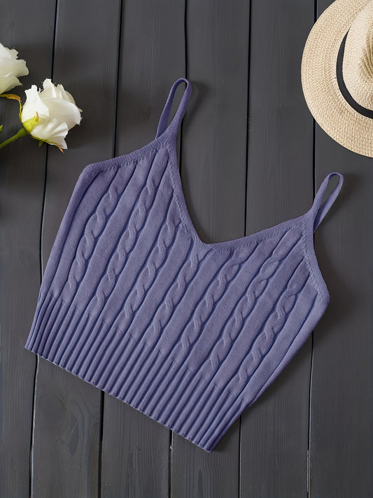Effortless Cable Knit Tank for Women with V Neck Sleeveless Cropped Ribbed Casual Style