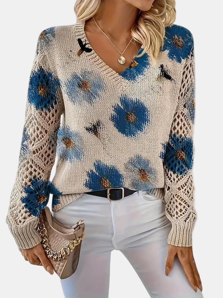 Comfortable Floral Print Sweater for Women with V Neck Long Sleeve Crochet Panel Oversized Knit Style