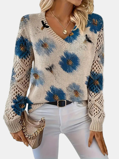 Comfortable Floral Print Sweater for Women with V Neck Long Sleeve Crochet Panel Oversized Knit Style