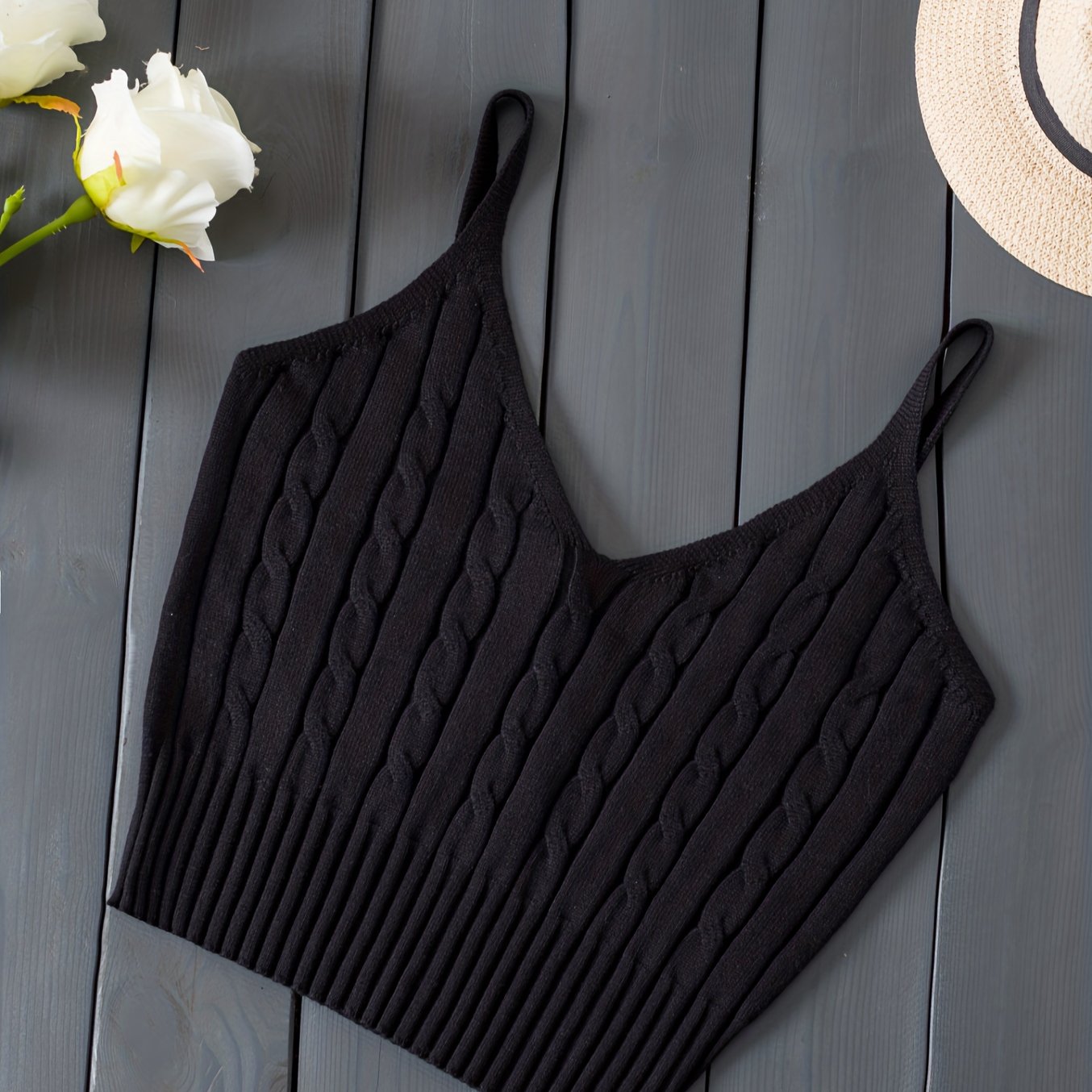 Effortless Cable Knit Tank for Women with V Neck Sleeveless Cropped Ribbed Casual Style