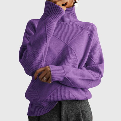 Comfortable Diamond Knit Turtleneck Sweater for Women with High Neck Long Sleeve Relaxed Oversized Style