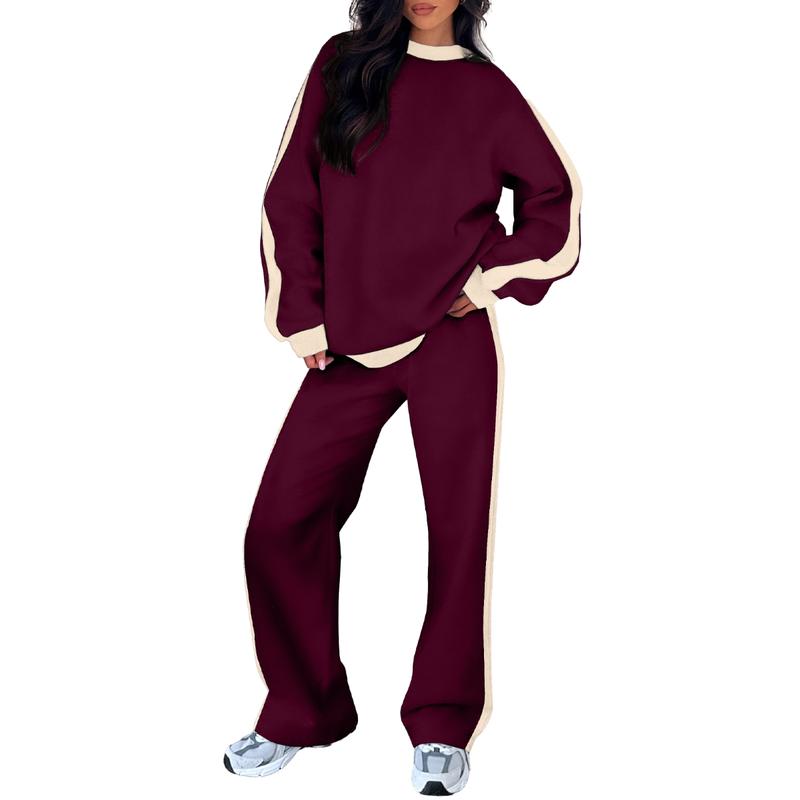 Effortless Colorblock Sweat Set for Women with Crewneck Long Sleeve Wide Leg Relaxed Style