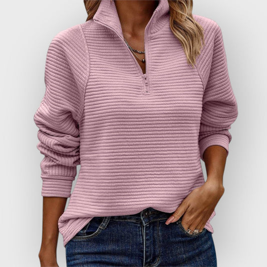 Effortless Textured Knit Sweatshirt for Women with Quarter Zip Collar Long Sleeve Oversized Sweaters Style