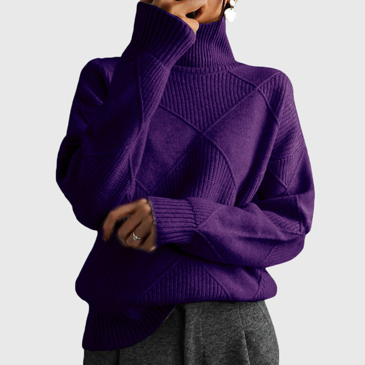 Comfortable Ribbed Knit Sweater for Women with High Neck Long Sleeve Oversized Relaxed Style