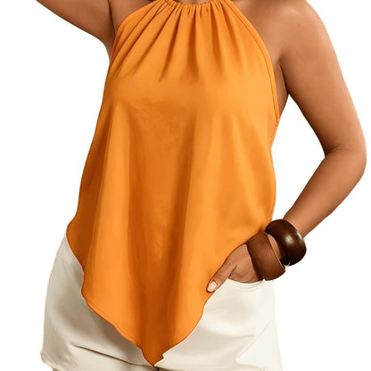 Effortless Colorblock Halter Top for Women with High Neck Sleeveless Pleated Flowing Style