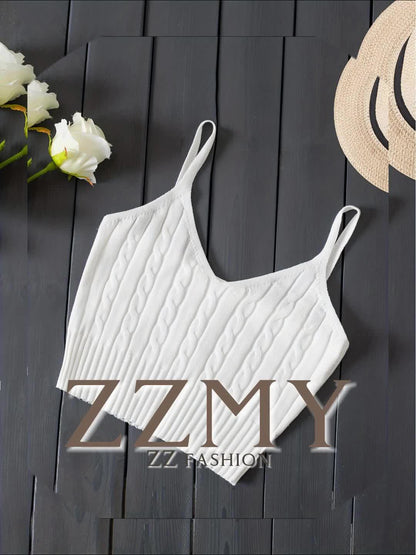 Effortless Cable Knit Tank for Women with V Neck Sleeveless Cropped Ribbed Casual Style