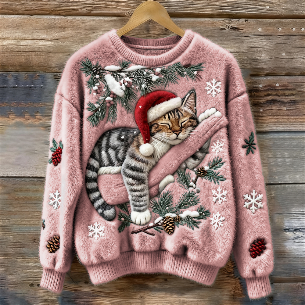 Comfortable Christmas Cat Print Sweater for Women with Crew Neck Long Sleeve Embroidered Fuzzy Knit Style