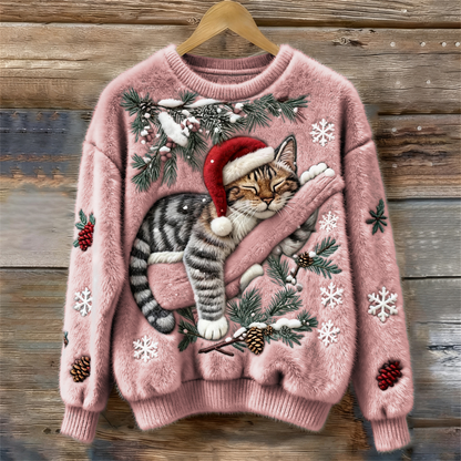 Comfortable Christmas Cat Print Sweater for Women with Crew Neck Long Sleeve Embroidered Fuzzy Knit Style
