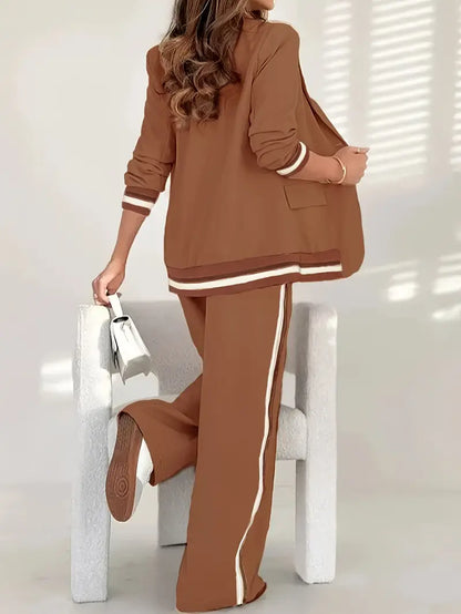 Elegant Striped Two Piece Set for Women with Notched Lapel Blazer Wide Leg Pant Office Style