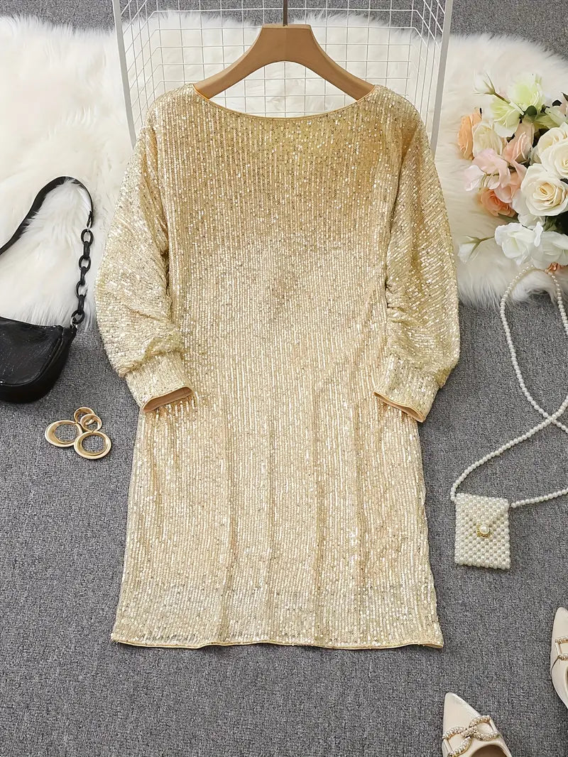 Elegant Sequin Mini Dress for Women with Off Shoulder Long Sleeve Bodycon Sparkle Formal Party Style
