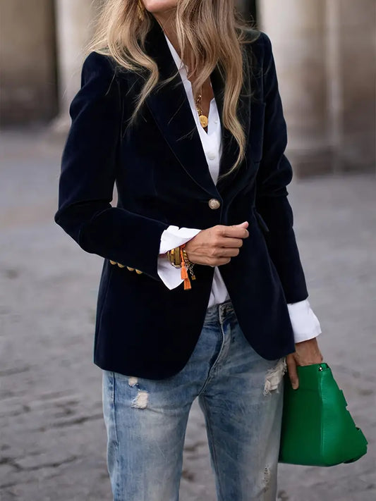 Elegant Velvet Blazer for Women with Notch Lapel Long Sleeve Single Button Tailored Style
