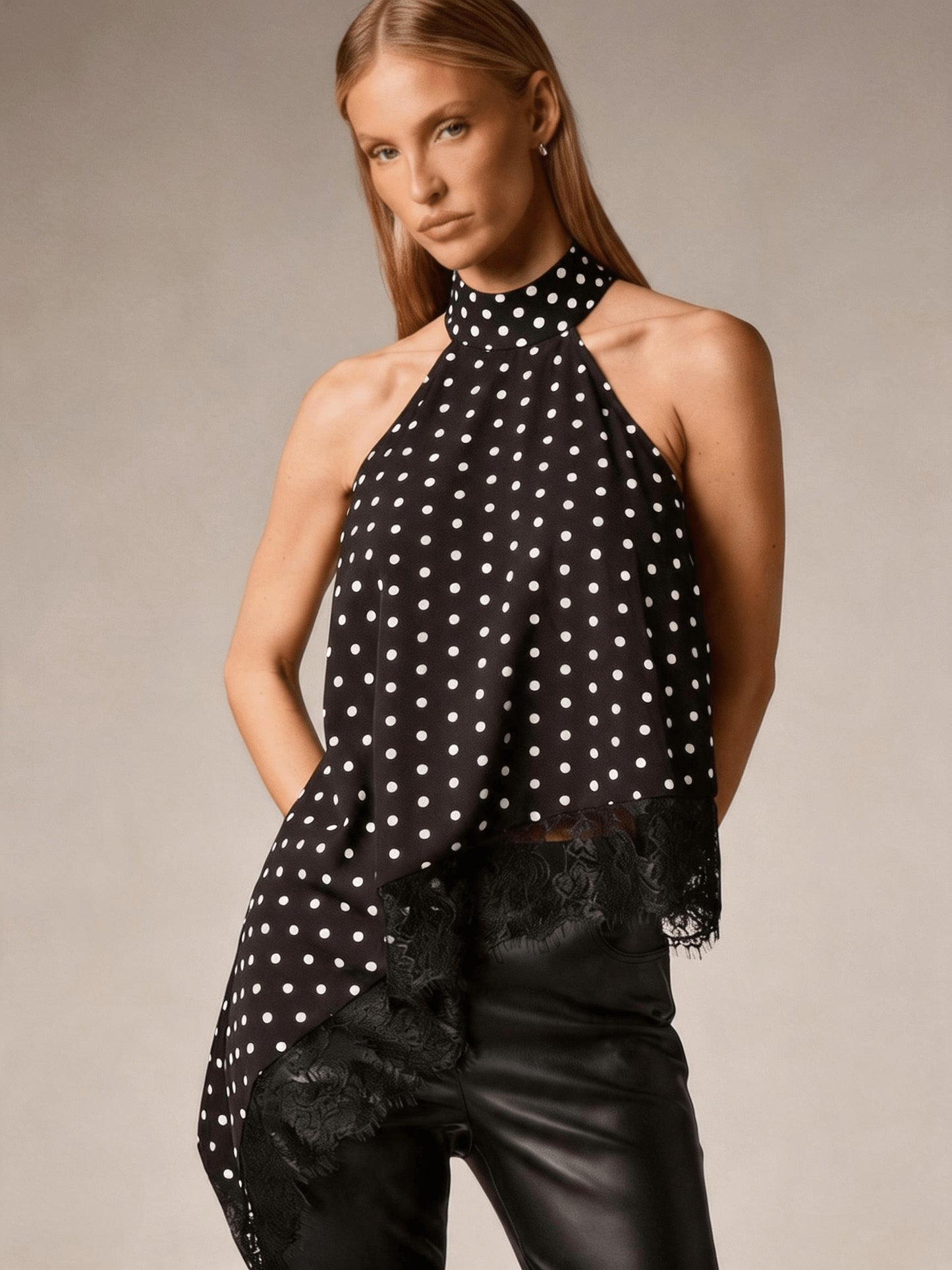 Elegant Satin Blouse for Women with Halter Neck Sleeveless Lace Trim Asymmetric Style