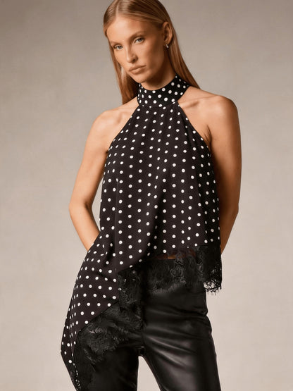 Elegant Satin Blouse for Women with Halter Neck Sleeveless Lace Trim Asymmetric Style