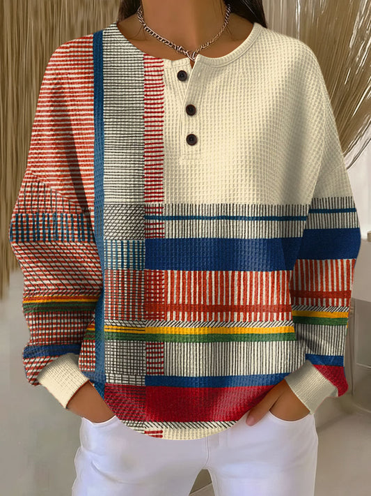 Effortless Colorblock Striped Waffle Knit Henley Top for Women with Round Neck Long Sleeve Button Front Relaxed Style