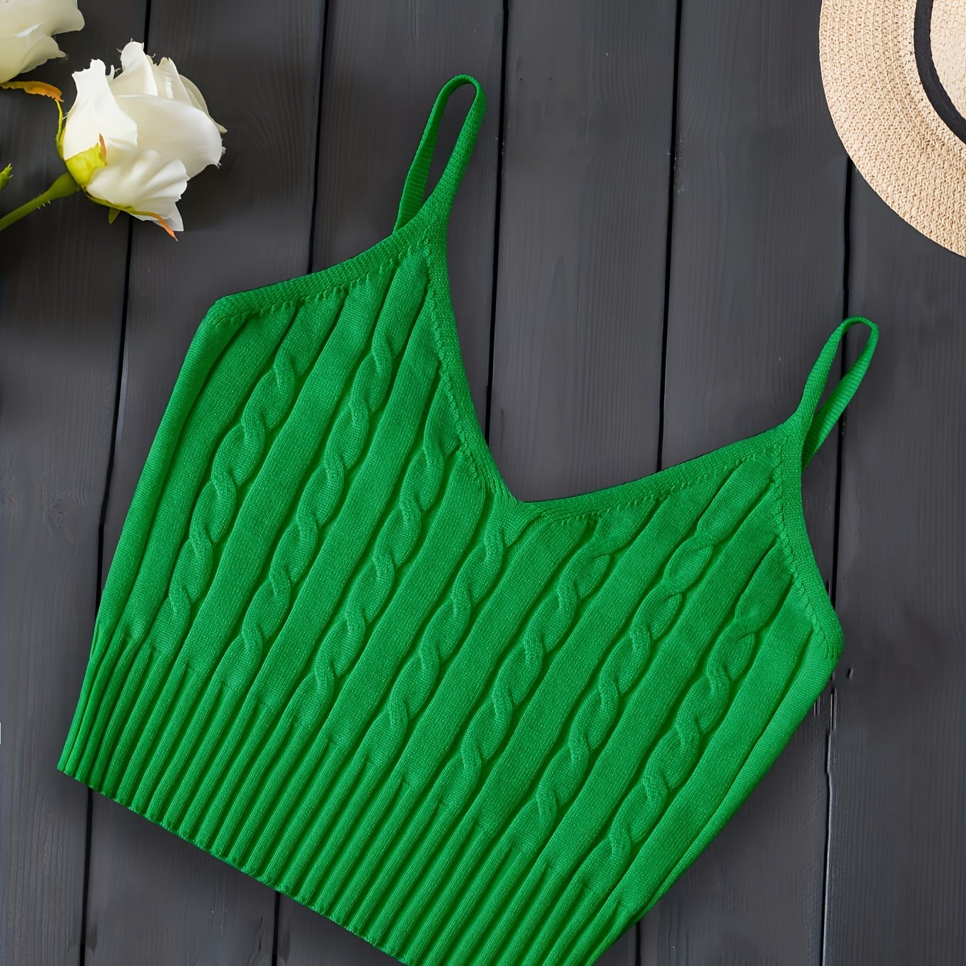 Effortless Cable Knit Tank for Women with V Neck Sleeveless Cropped Ribbed Casual Style