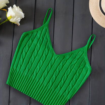 Effortless Cable Knit Tank for Women with V Neck Sleeveless Cropped Ribbed Casual Style