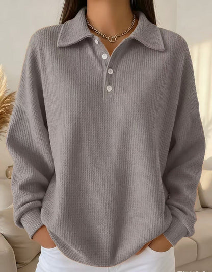 Comfortable Waffle Knit Polo Sweater for Women with Collar Long Sleeve Button Front Oversized Relaxed Style