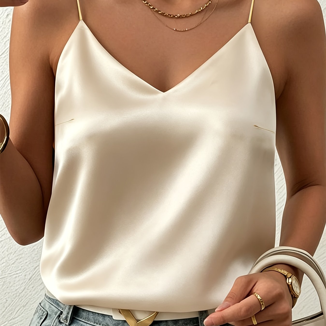 Elegant Satin Tank Top for Women with V Neck Spaghetti Strap Silky Relaxed Style