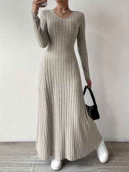 Elegant Ribbed Knit Maxi Dress for Women with V Neck Long Sleeve Fitted Flowing Style