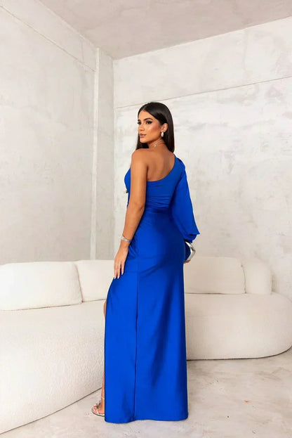 Elegant Satin Maxi Dress for Women with One Shoulder Long Sleeve Twist Front High Slit Formal Style