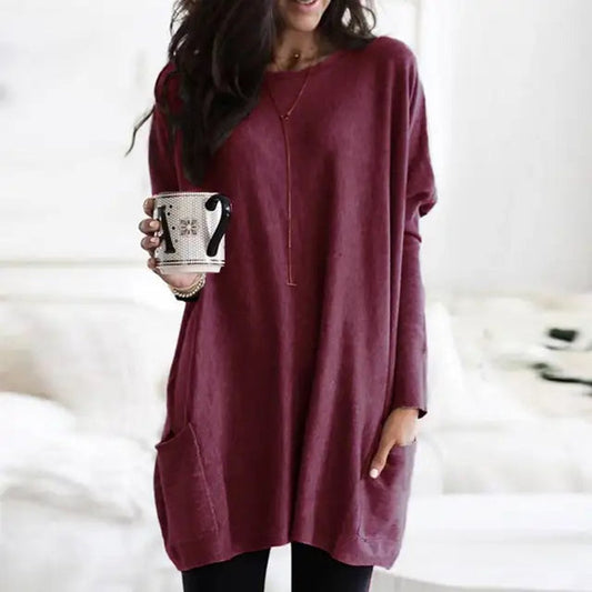 Comfortable Knit Tunic Dress for Women with Round Neck Long Sleeve Relaxed Pocket Oversized Style