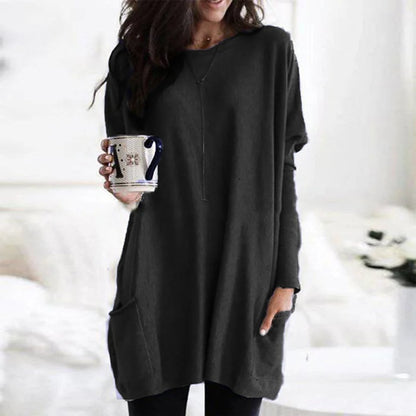 Comfortable Knit Tunic Dress for Women with Round Neck Long Sleeve Relaxed Pocket Oversized Style