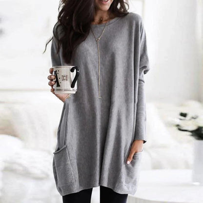 Comfortable Knit Tunic Dress for Women with Round Neck Long Sleeve Relaxed Pocket Oversized Style