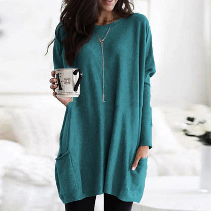 Comfortable Knit Tunic Dress for Women with Round Neck Long Sleeve Relaxed Pocket Oversized Style