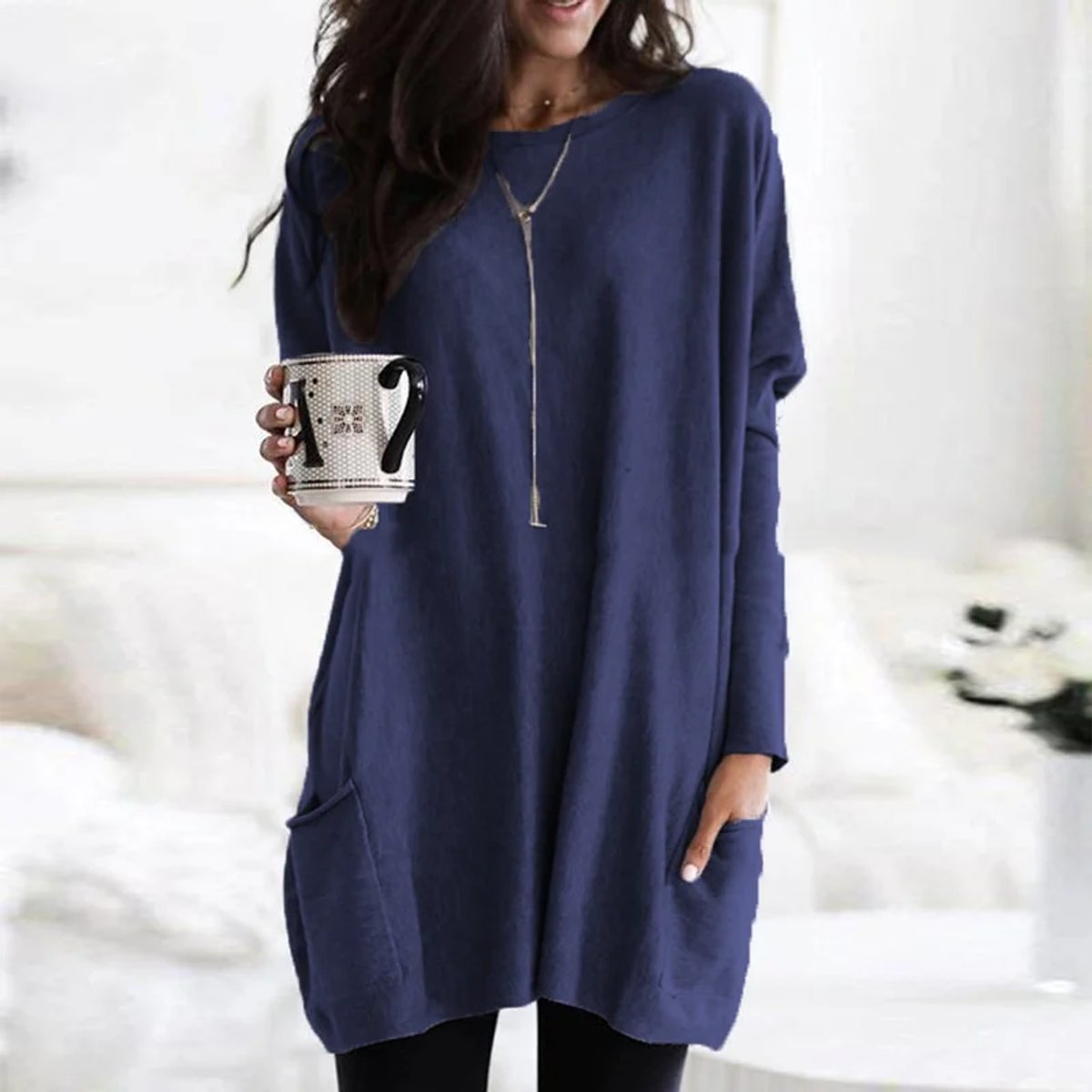 Comfortable Knit Tunic Dress for Women with Round Neck Long Sleeve Relaxed Pocket Oversized Style