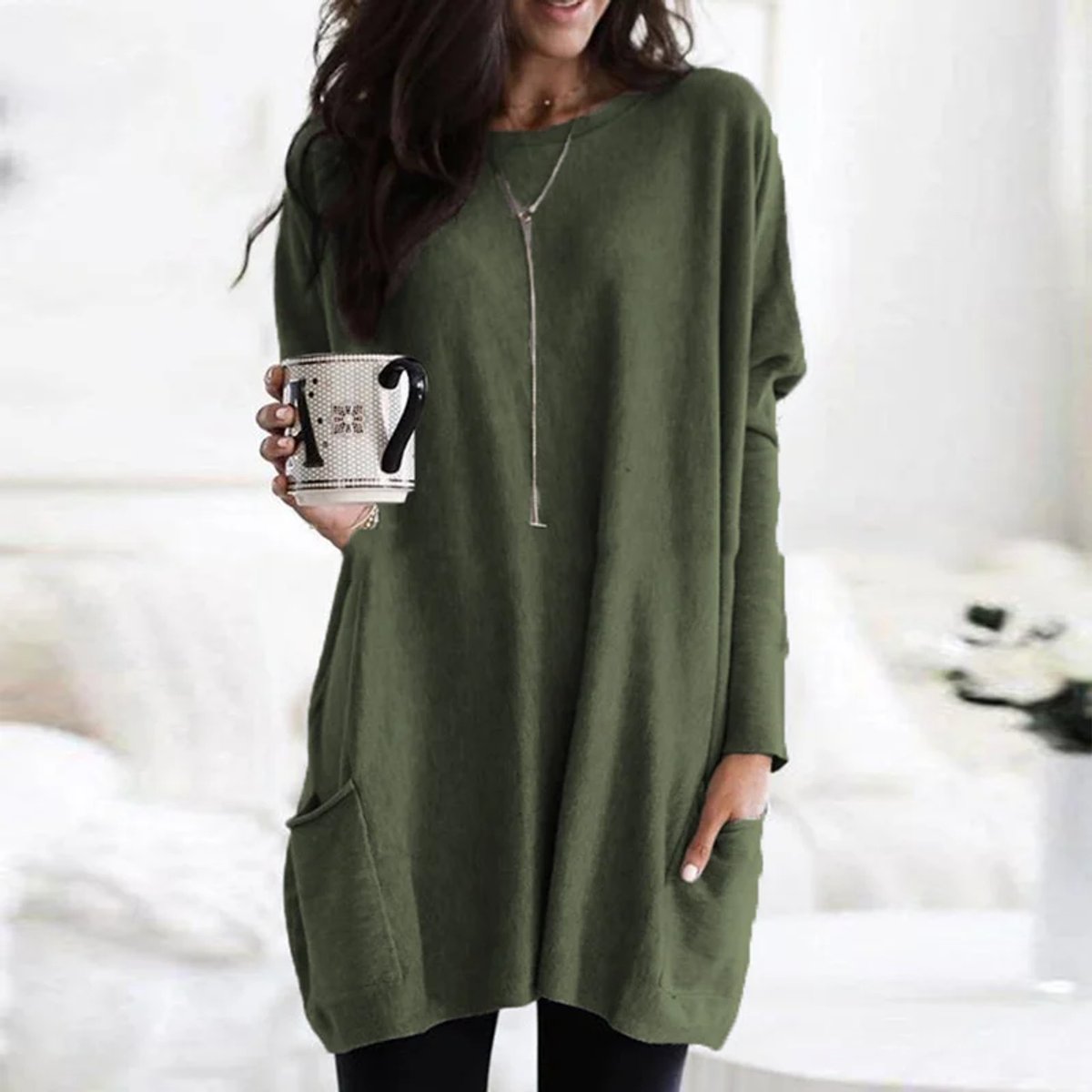 Comfortable Knit Tunic Dress for Women with Round Neck Long Sleeve Relaxed Pocket Oversized Style