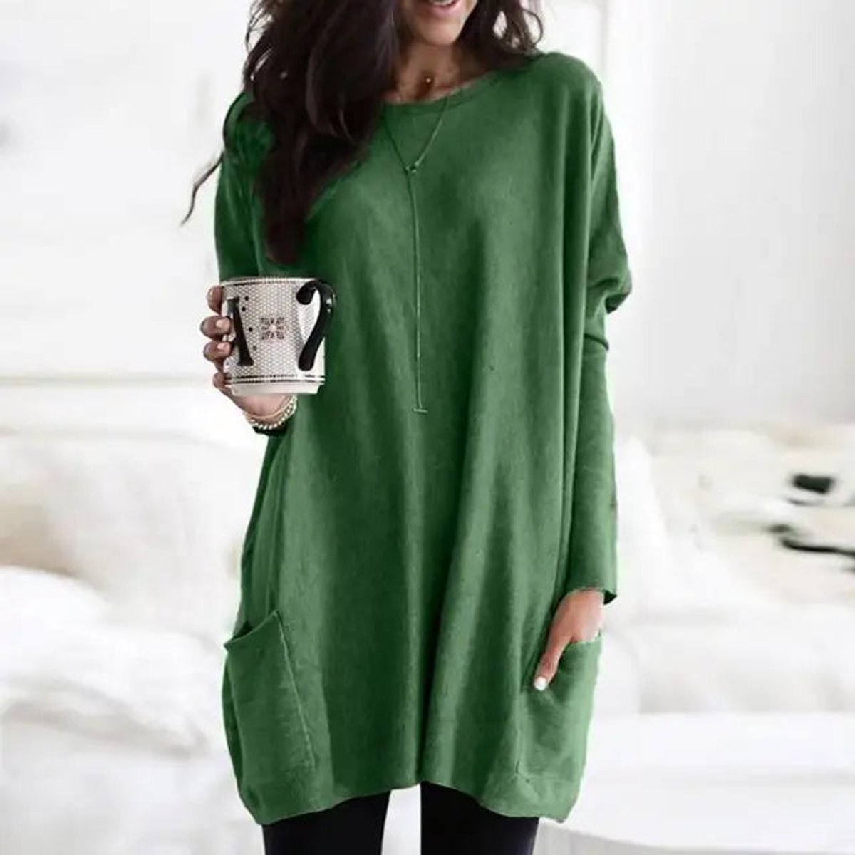 Comfortable Knit Tunic Dress for Women with Round Neck Long Sleeve Relaxed Pocket Oversized Style