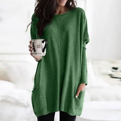 Comfortable Knit Tunic Dress for Women with Round Neck Long Sleeve Relaxed Pocket Oversized Style