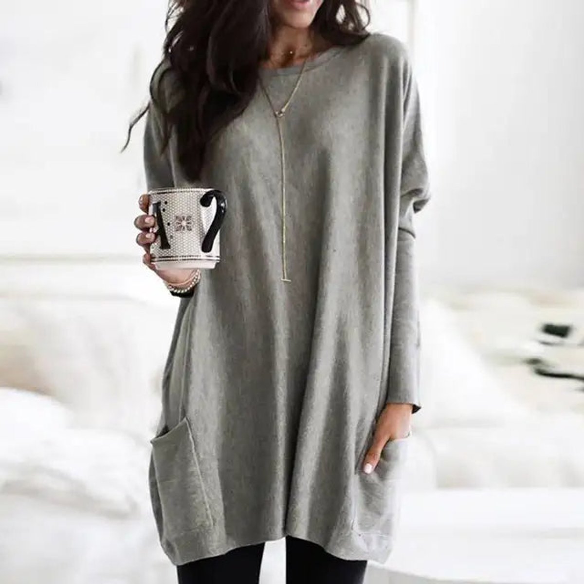 Comfortable Knit Tunic Dress for Women with Round Neck Long Sleeve Relaxed Pocket Oversized Style