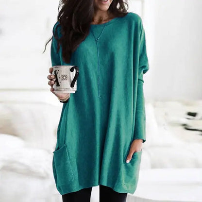 Comfortable Knit Tunic Dress for Women with Round Neck Long Sleeve Relaxed Pocket Oversized Style