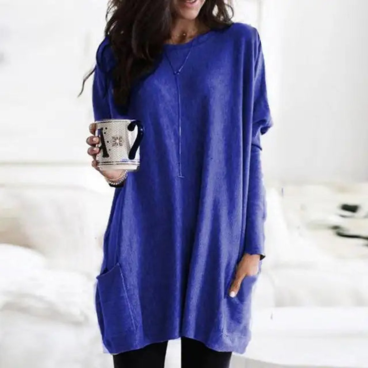 Comfortable Knit Tunic Dress for Women with Round Neck Long Sleeve Relaxed Pocket Oversized Style