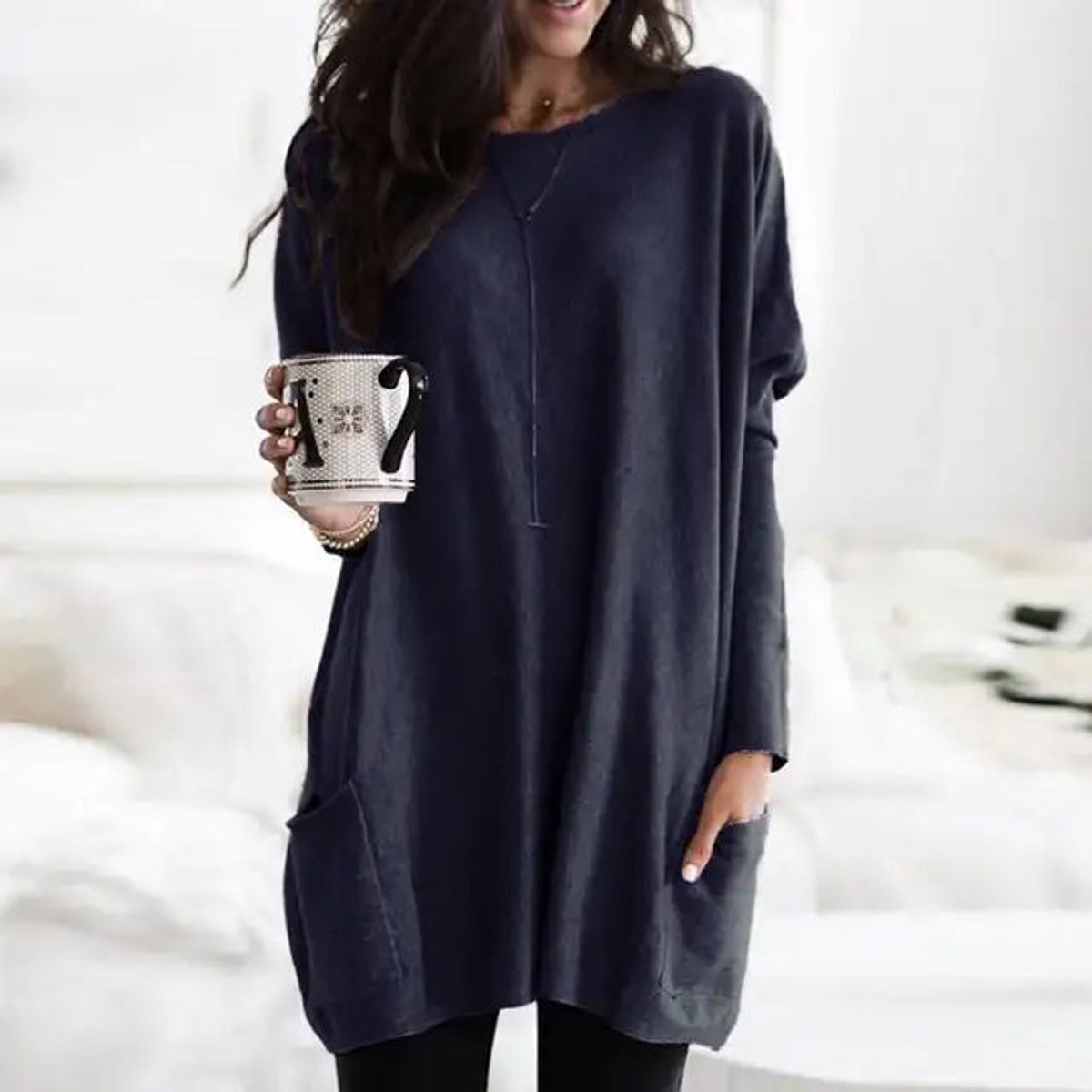 Comfortable Knit Tunic Dress for Women with Round Neck Long Sleeve Relaxed Pocket Oversized Style