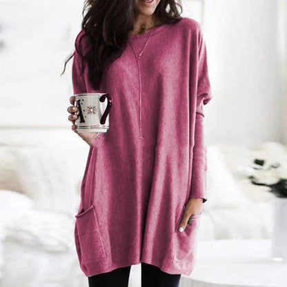 Comfortable Knit Tunic Dress for Women with Round Neck Long Sleeve Relaxed Pocket Oversized Style