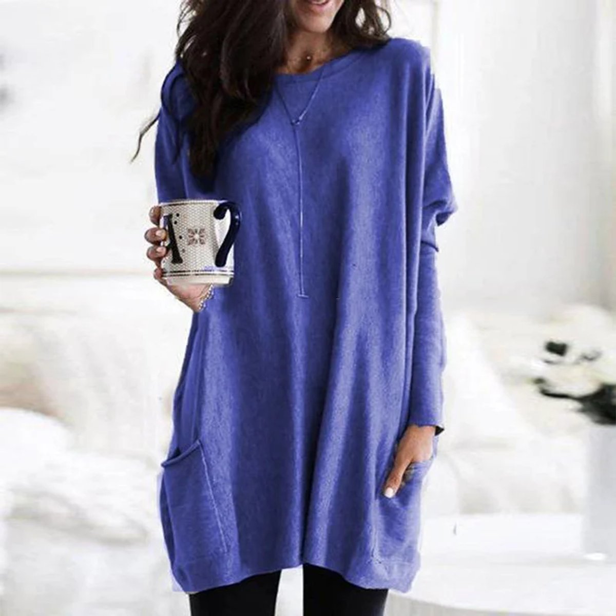 Comfortable Knit Tunic Dress for Women with Round Neck Long Sleeve Relaxed Pocket Oversized Style
