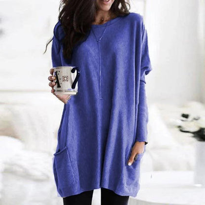 Comfortable Knit Tunic Dress for Women with Round Neck Long Sleeve Relaxed Pocket Oversized Style