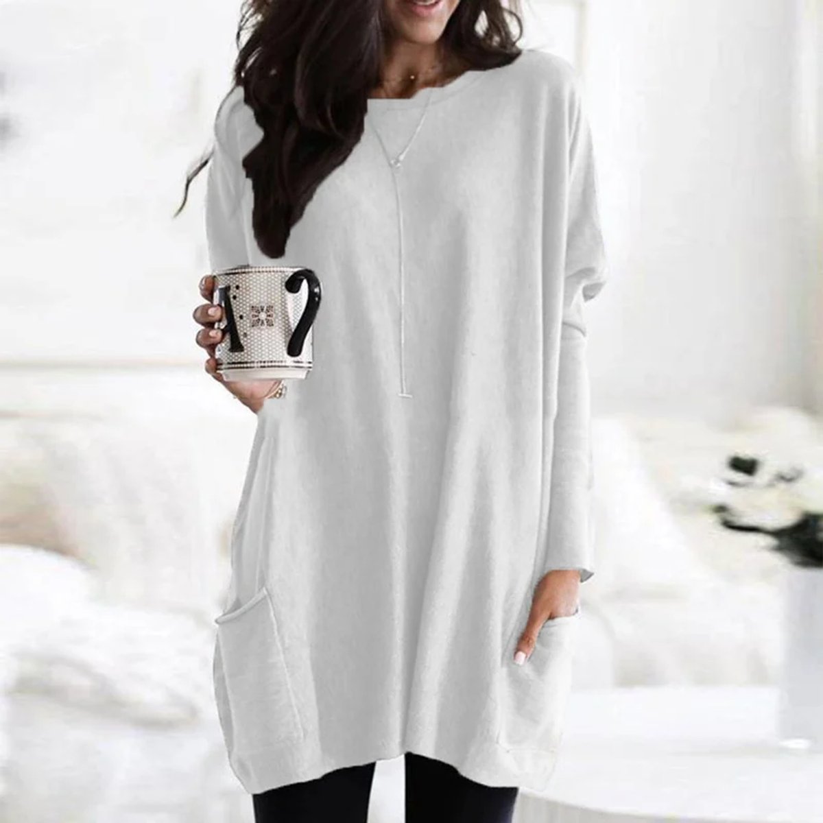 Comfortable Knit Tunic Dress for Women with Round Neck Long Sleeve Relaxed Pocket Oversized Style