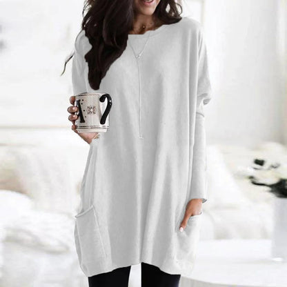 Comfortable Knit Tunic Dress for Women with Round Neck Long Sleeve Relaxed Pocket Oversized Style