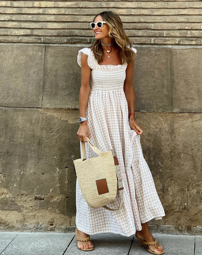 Effortless Gingham Maxi Dress for Women with Square Neck Ruffle Sleeve Smocked Tiered Flowing Style