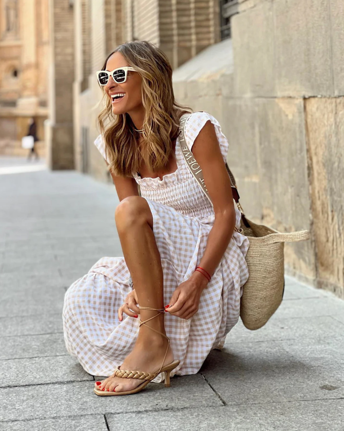 Effortless Gingham Maxi Dress for Women with Square Neck Ruffle Sleeve Smocked Tiered Flowing Style