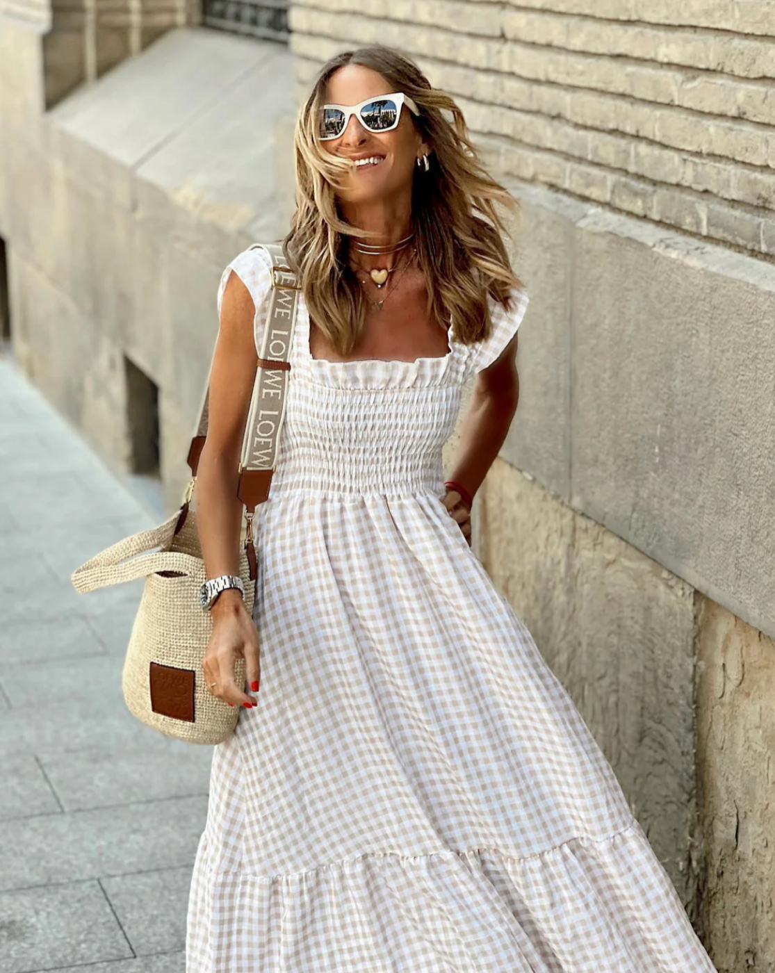 Effortless Gingham Maxi Dress for Women with Square Neck Ruffle Sleeve Smocked Tiered Flowing Style